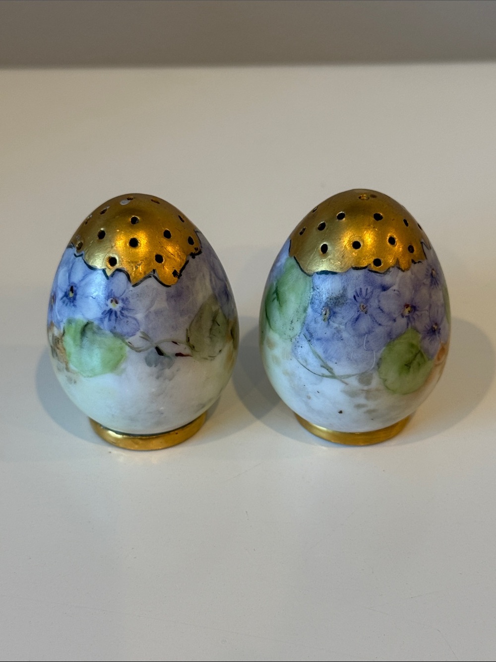 Vintage Handpainted Floral Porcelain Salt & Pepper Shakers – Gold Pierced Tops